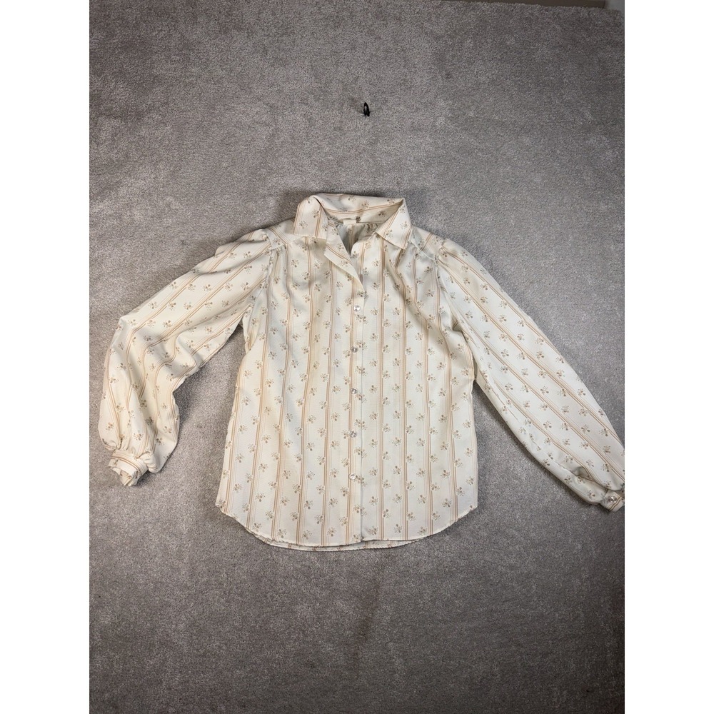 womens vintage long sleeve button up puff sleeve floral design retro Western 70s